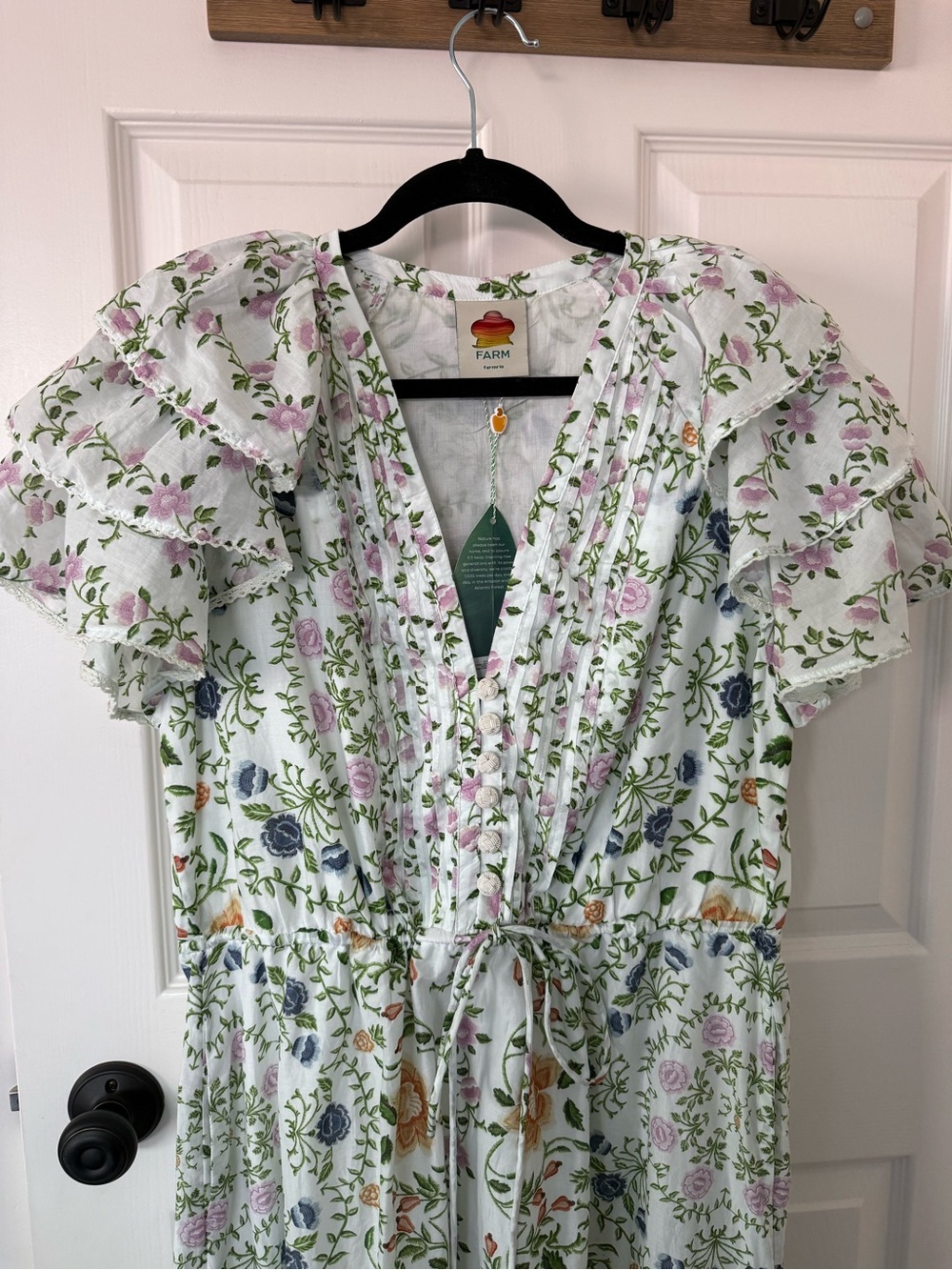 FARM RIO Folk Floral off white short sleeve midi dress, puff sleeve NWT XL - Picture 10 of 11